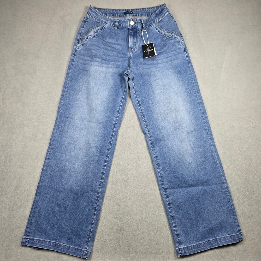 Flamingals Jeans Women Large Blue Wide Leg High Rise Stretch Light Wash - Picture 2 of 13